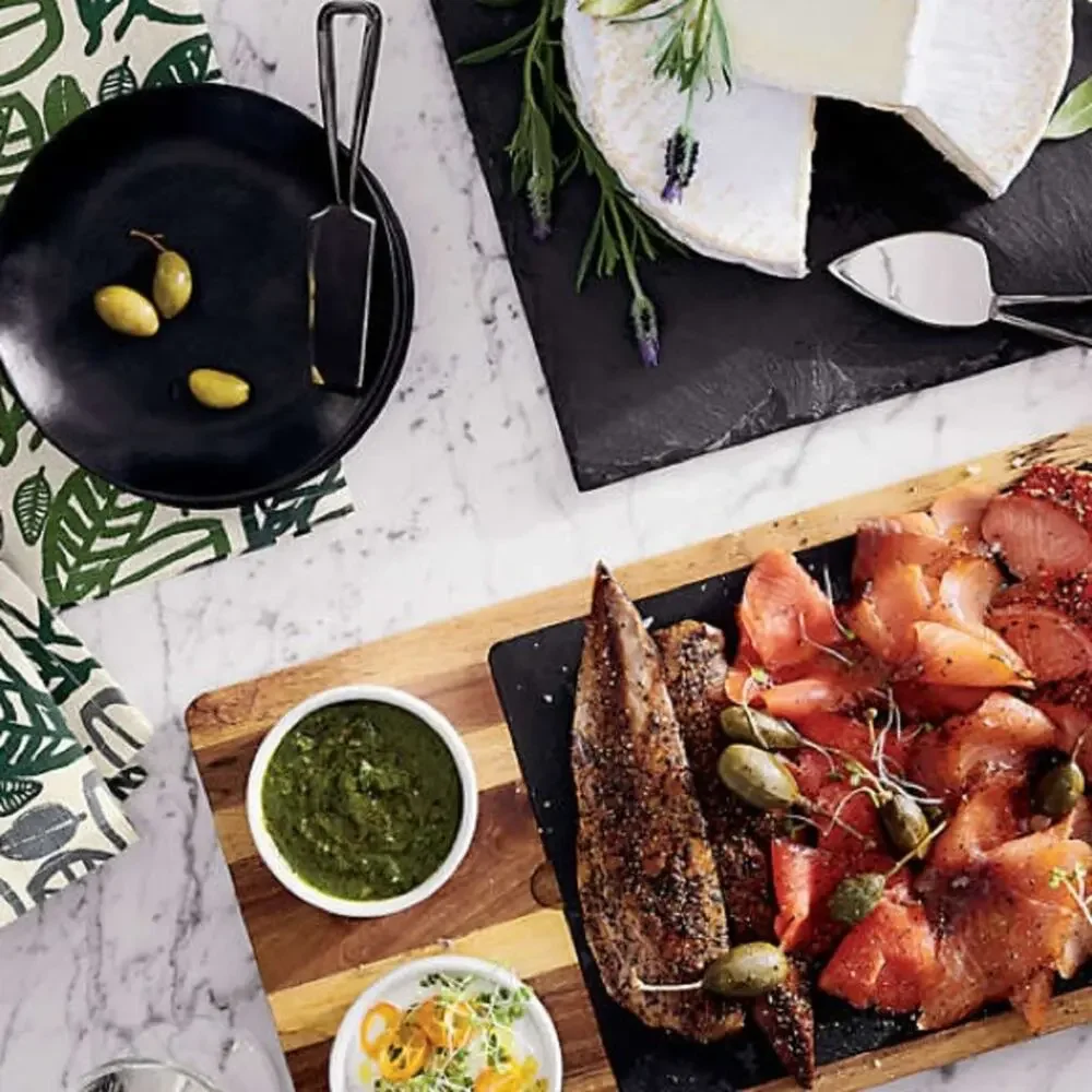 NEW CRATE & BARREL Black Slate Cheese Board White Soapstone Chalk Pencil 12x5